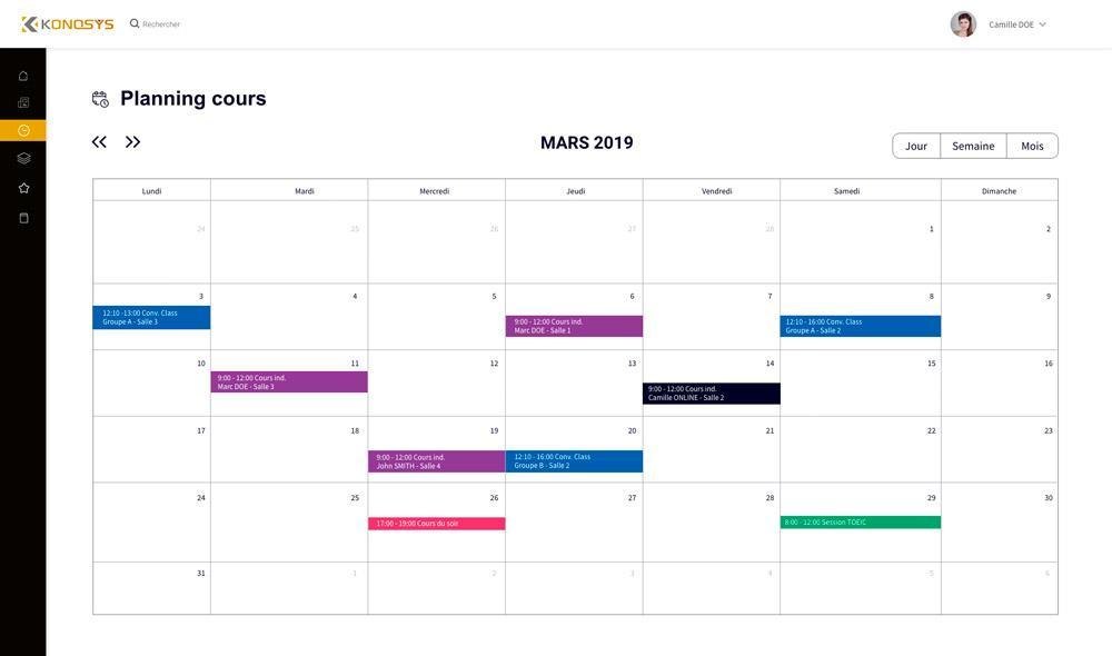 Planning cours sur le portail étudiant Konosys avec vues jour semaine et mois
