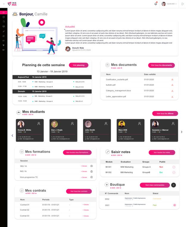 Exemple de portail professeur Konosys avec planning, documents, étudiants, formations et saisie des notes